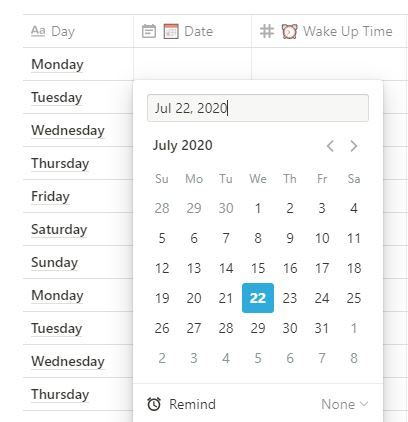 Date picker in Notion