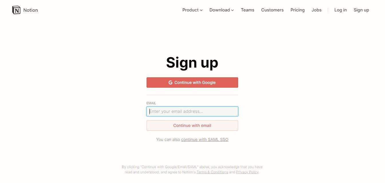 Notion signup page