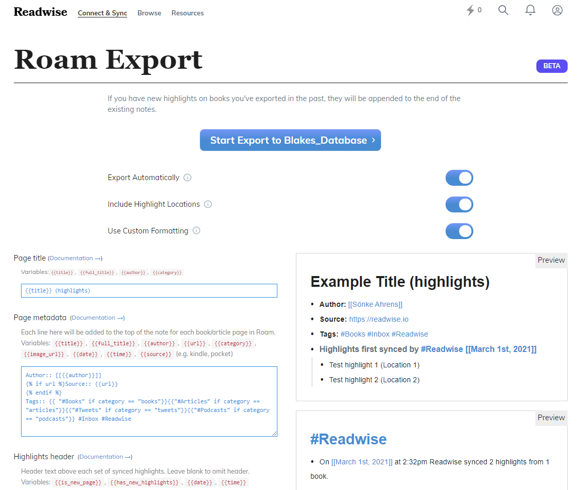 Roam Research export feature
